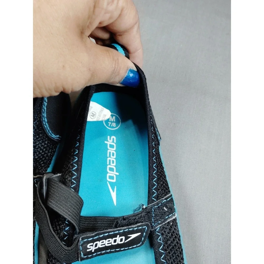 Speedo Water Shoes Black Teal Mesh Slip-On Adjustable Strap‎ Women 8 Anti Slip